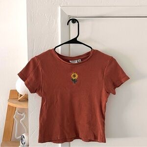 Orange Cropped Fitted T-Shirt With Sunflower Embroidery